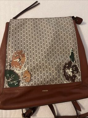 Fossil Elina Large Convertible Backpack Tan Floral Handbag Purse